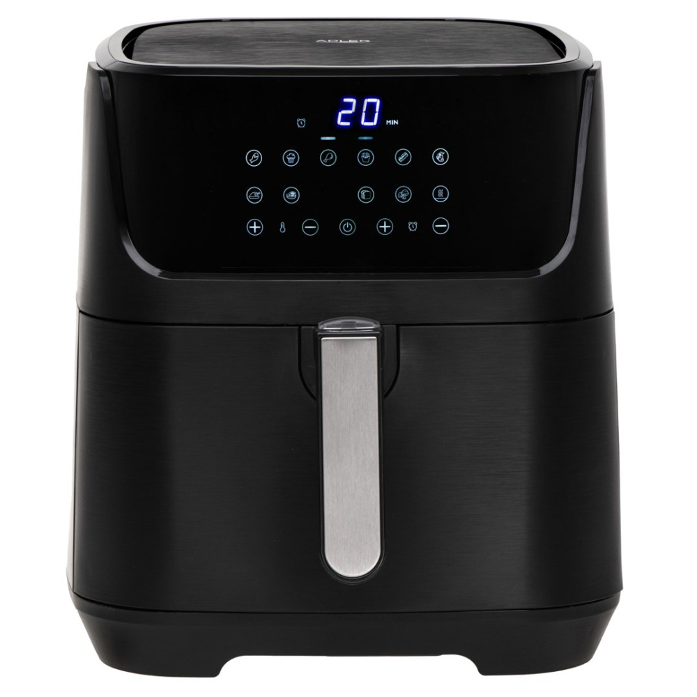 Friggitrice ad aria nera con display digitale che mostra 20 minuti e controlli touch.