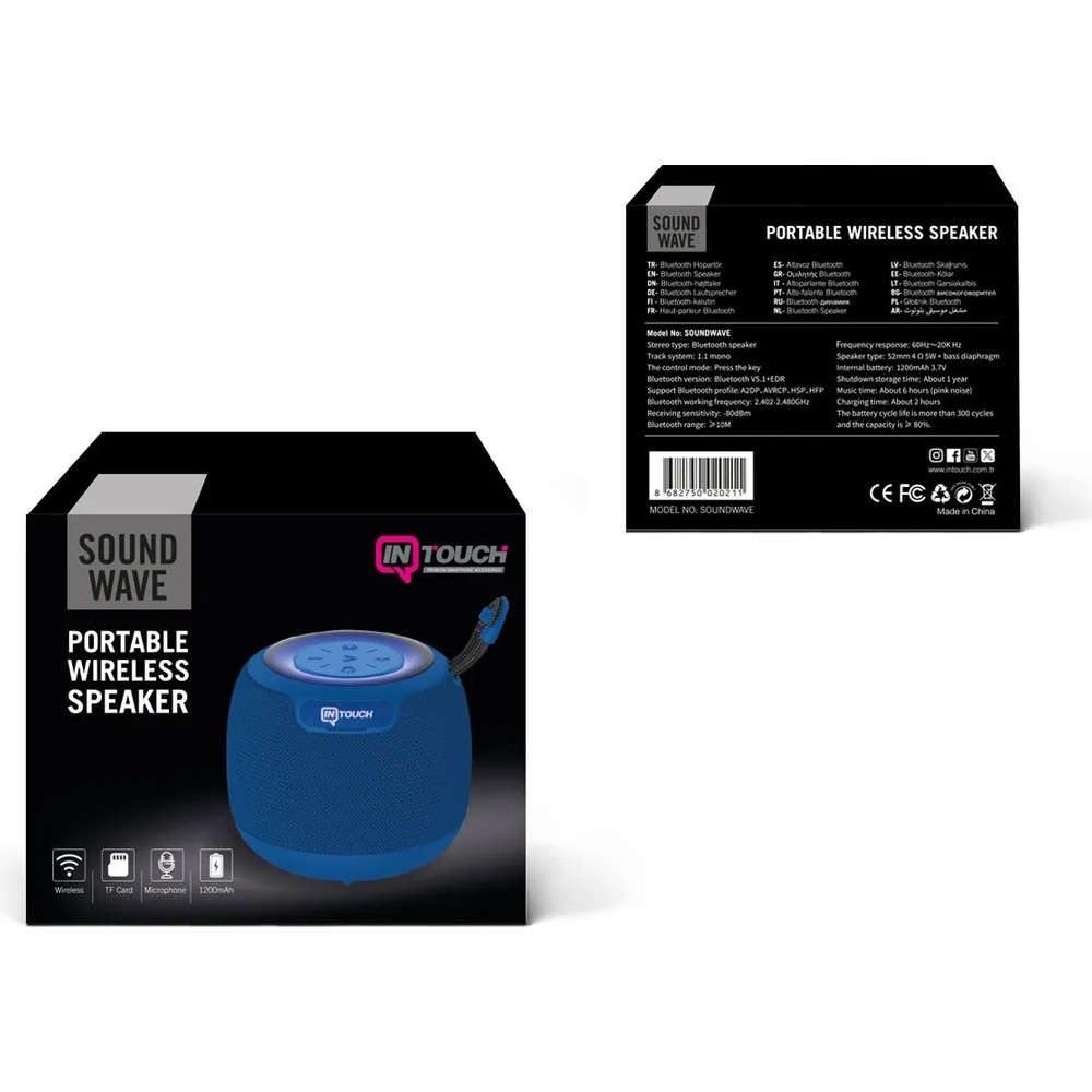 Kutu üzerinde In Touch logosu bulunan mavi, taşınabilir Sound Wave Bluetooth hoparlör.