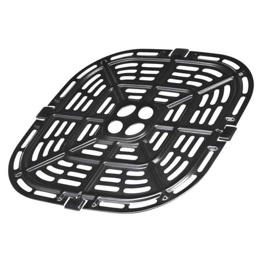 Un inserto ovale nero per cestello friggitrice ad aria con fessure.