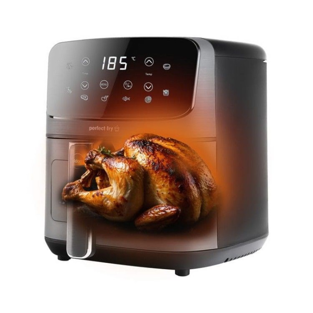 Un pollo arrosto all'interno di una friggitrice ad aria nera con display digitale che mostra 185 gradi.
