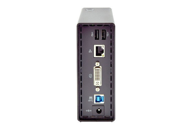 Tył czarnego huba dokującego z portami USB, Ethernet, DVI i zasilania.