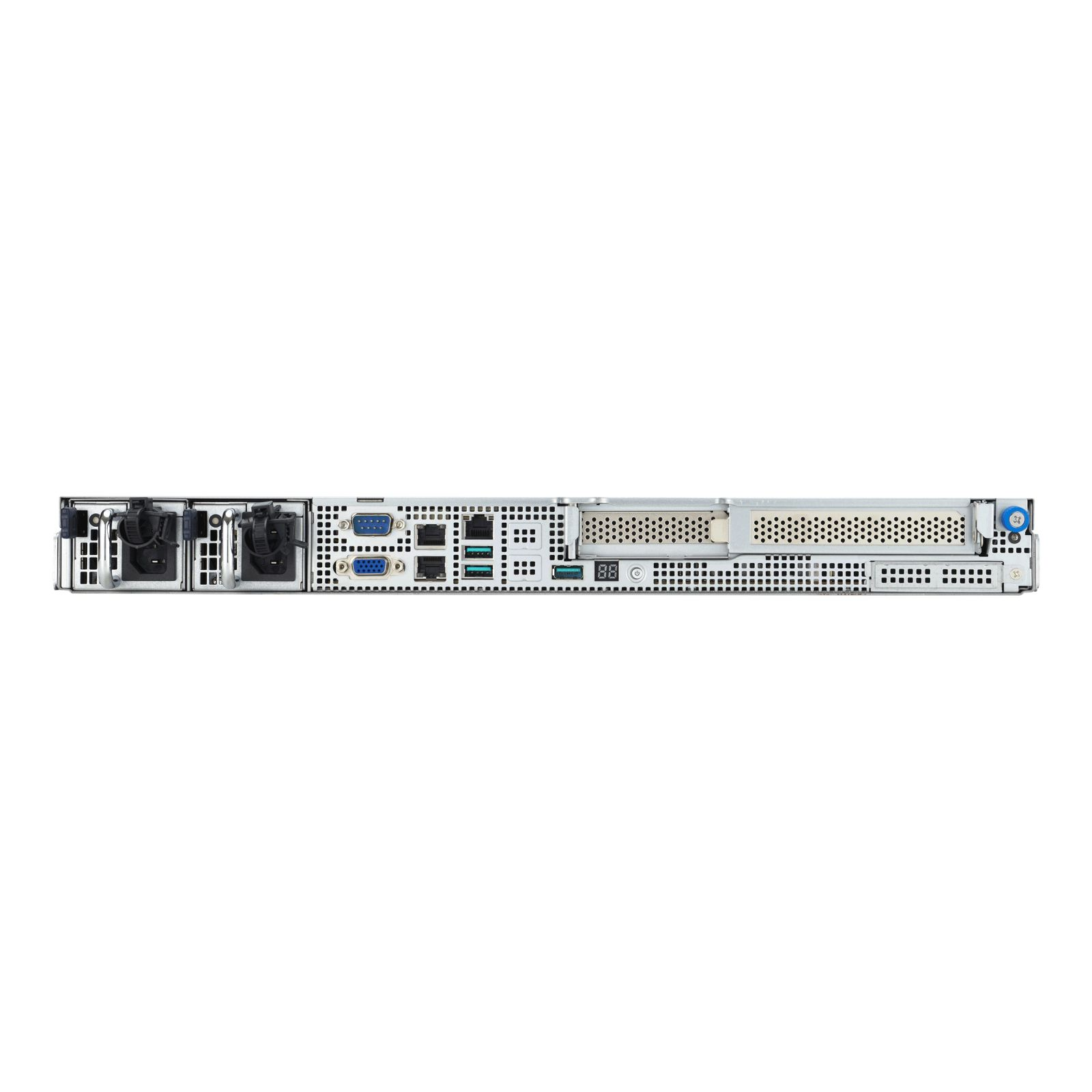 Tylny panel serwera z portami zasilania, VGA, USB, Ethernet i otworami wentylacyjnymi.