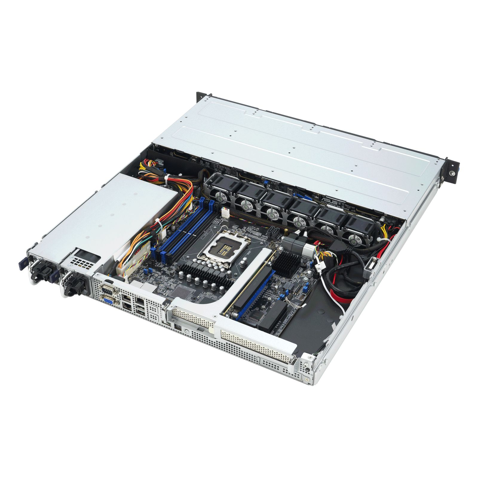 Otwarta obudowa serwera pokazująca płytę główną, chłodzenie CPU, RAM, wentylatory i kable.