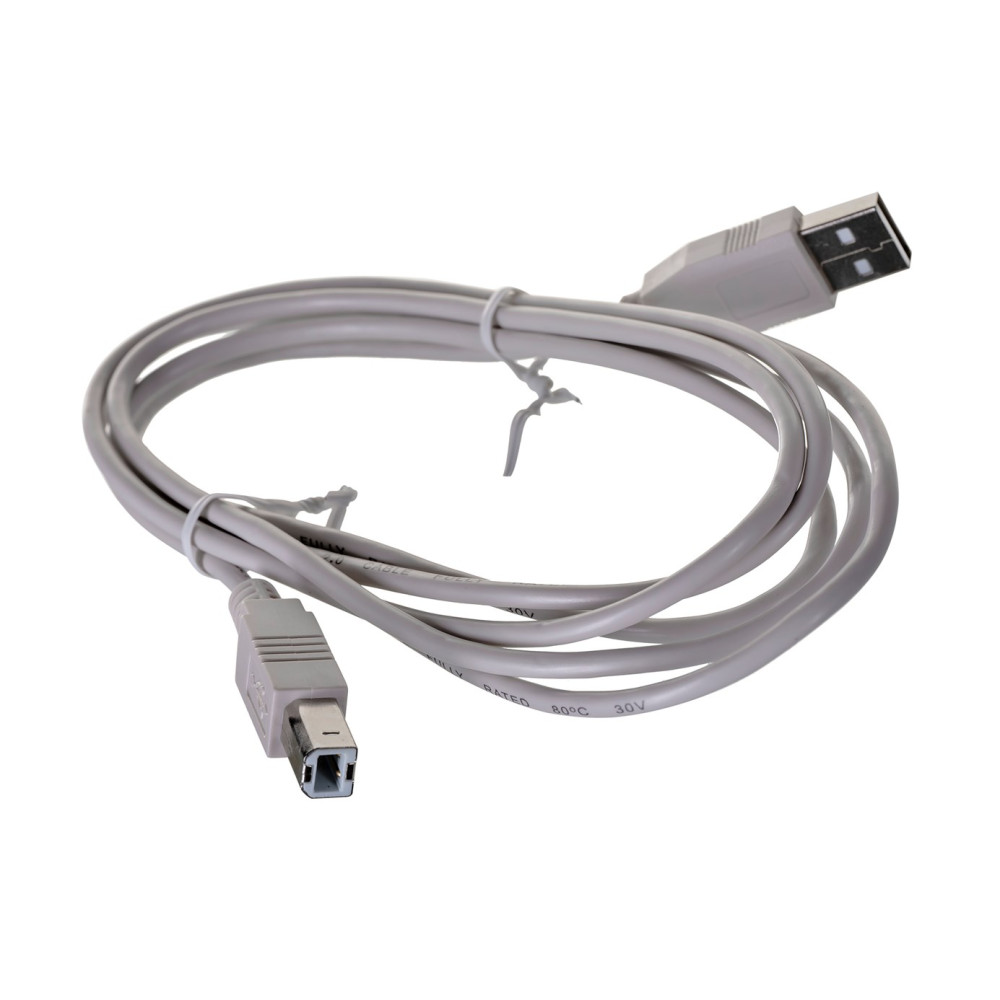 Szary kabel USB z dwoma różnymi złączami, na białym tle.