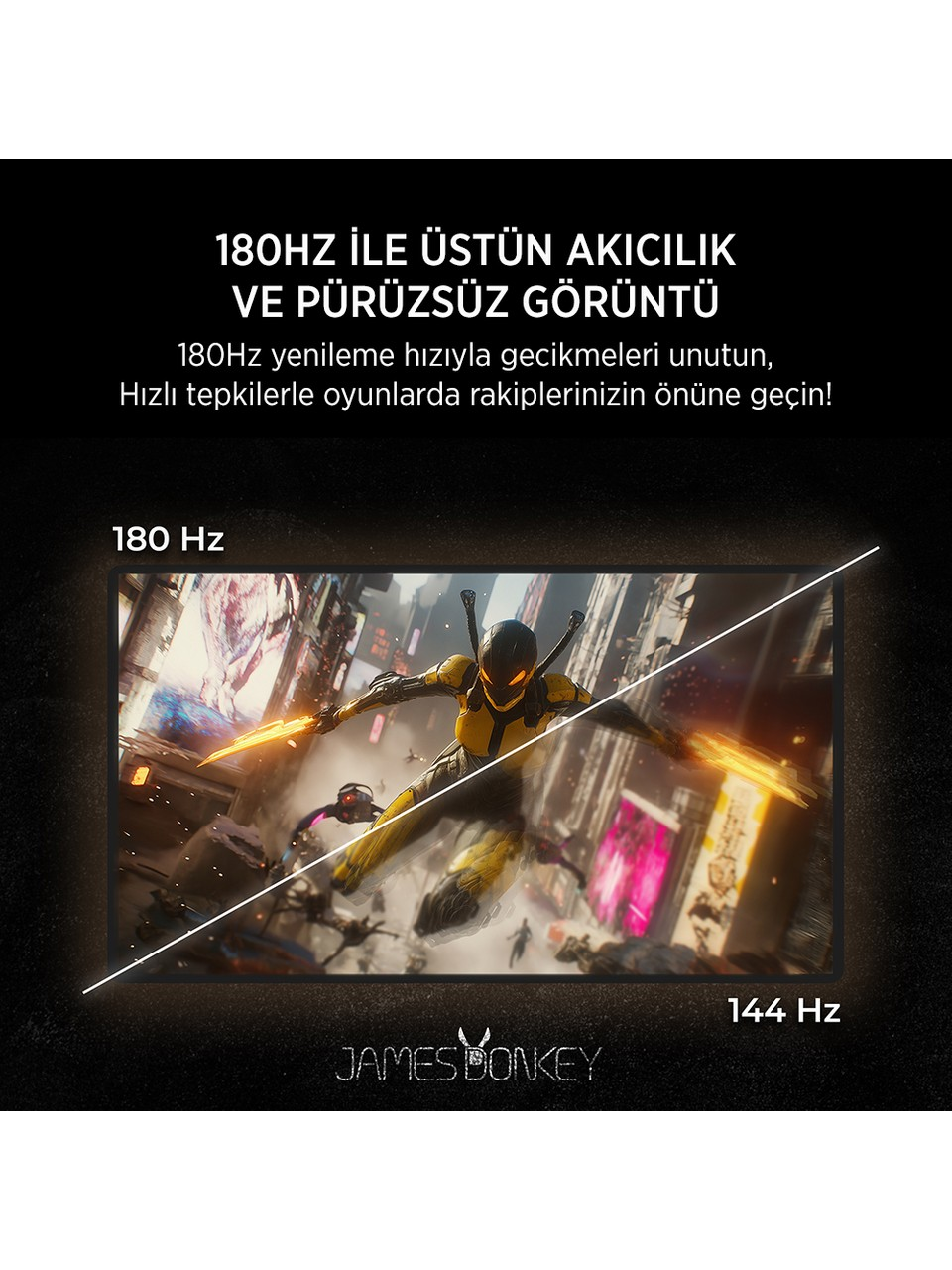 Fütüristik bir şehirde kılıçlı sarı cyborg karakter, 180 Hz'e karşı 144 Hz.