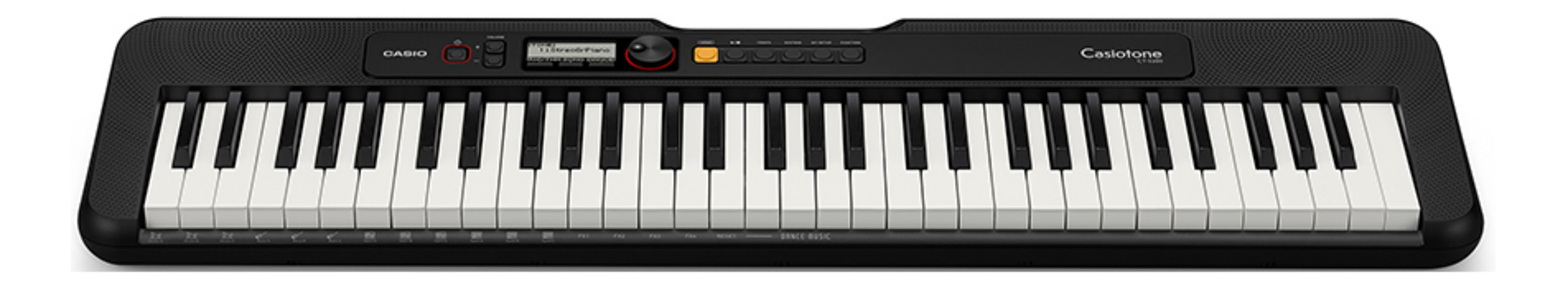 Czarna klawiatura Casio z białymi i czarnymi klawiszami oraz przyciskami sterującymi.
