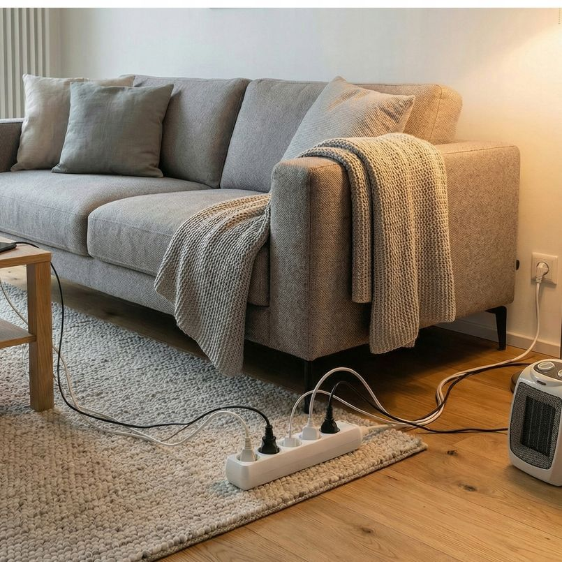 Szara sofa z kocami, listwa zasilająca z kablami, mały grzejnik.