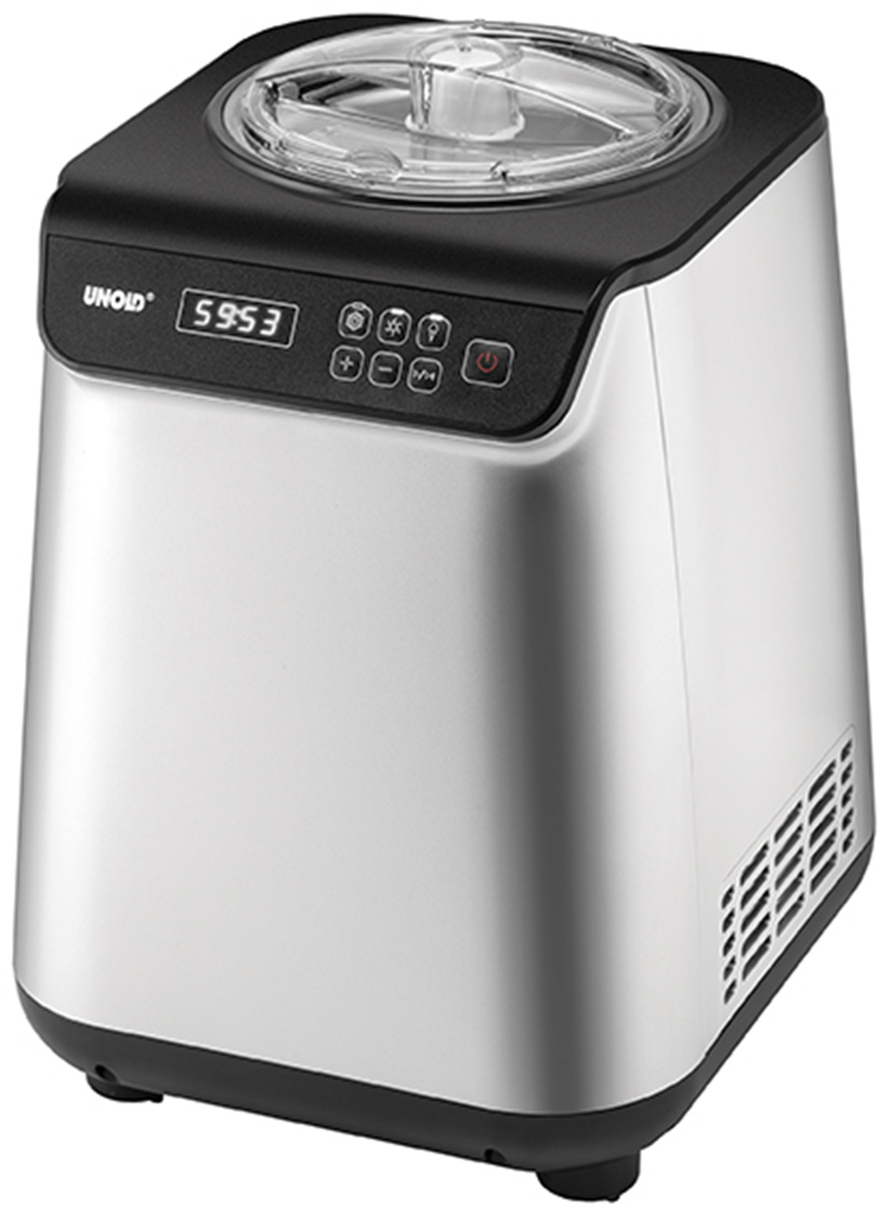 Silberne Eismaschine mit schwarzem Deckel und Bedienfeld mit digitaler Anzeige.