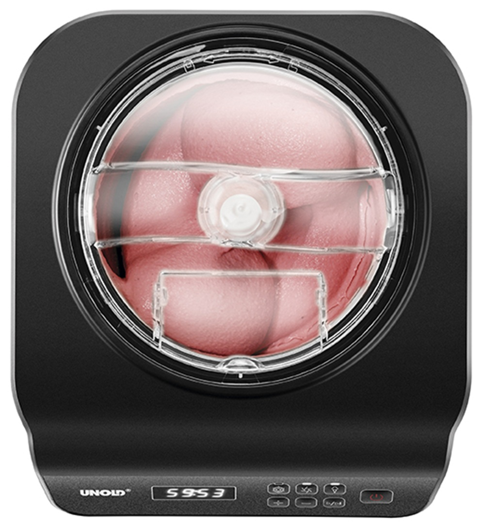 Schwarze Eismaschine mit rosa Eiscreme und Digitalanzeige.