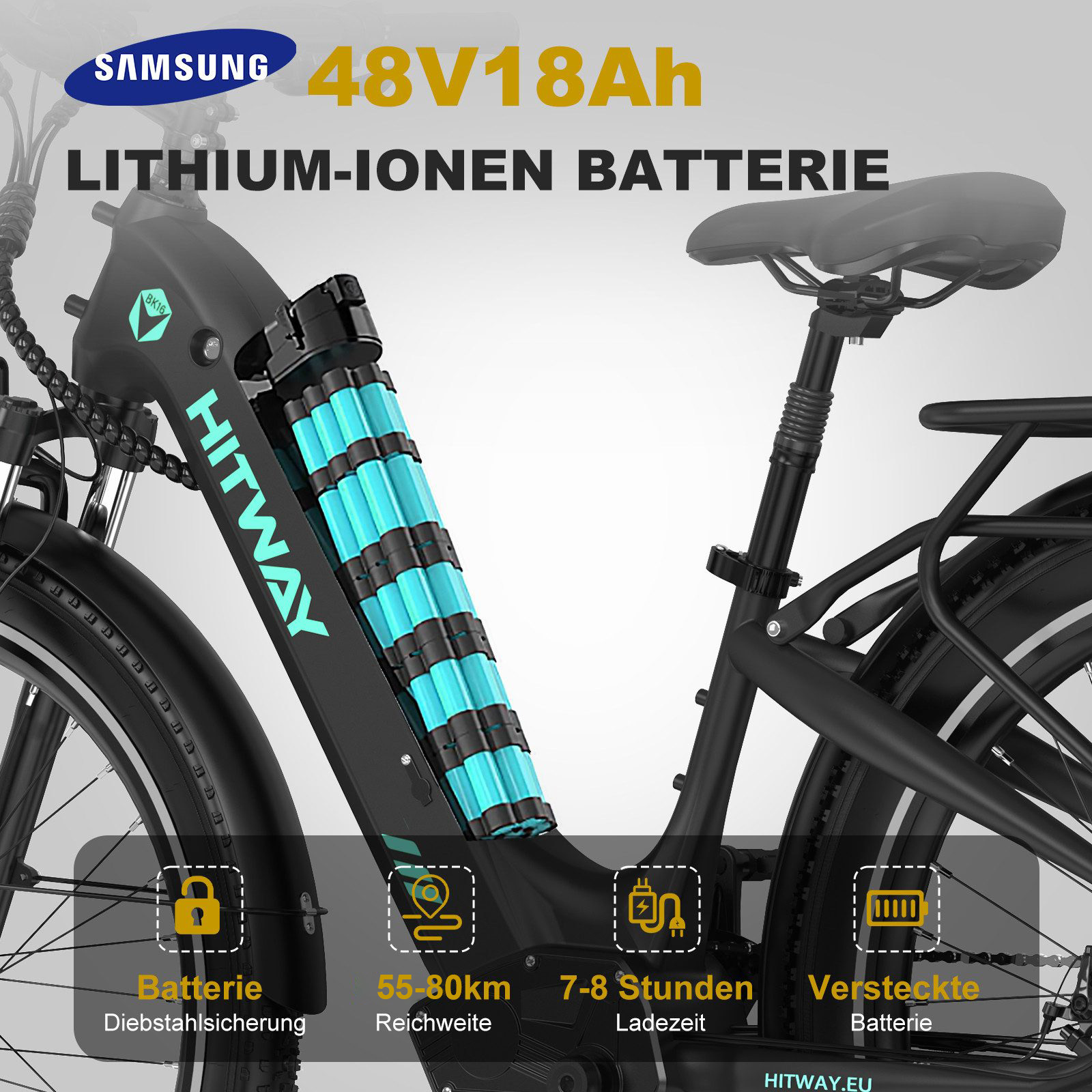 E-Bike mit Samsung 48V18Ah Lithium-Ionen-Batterie und HITWAY-Logo.