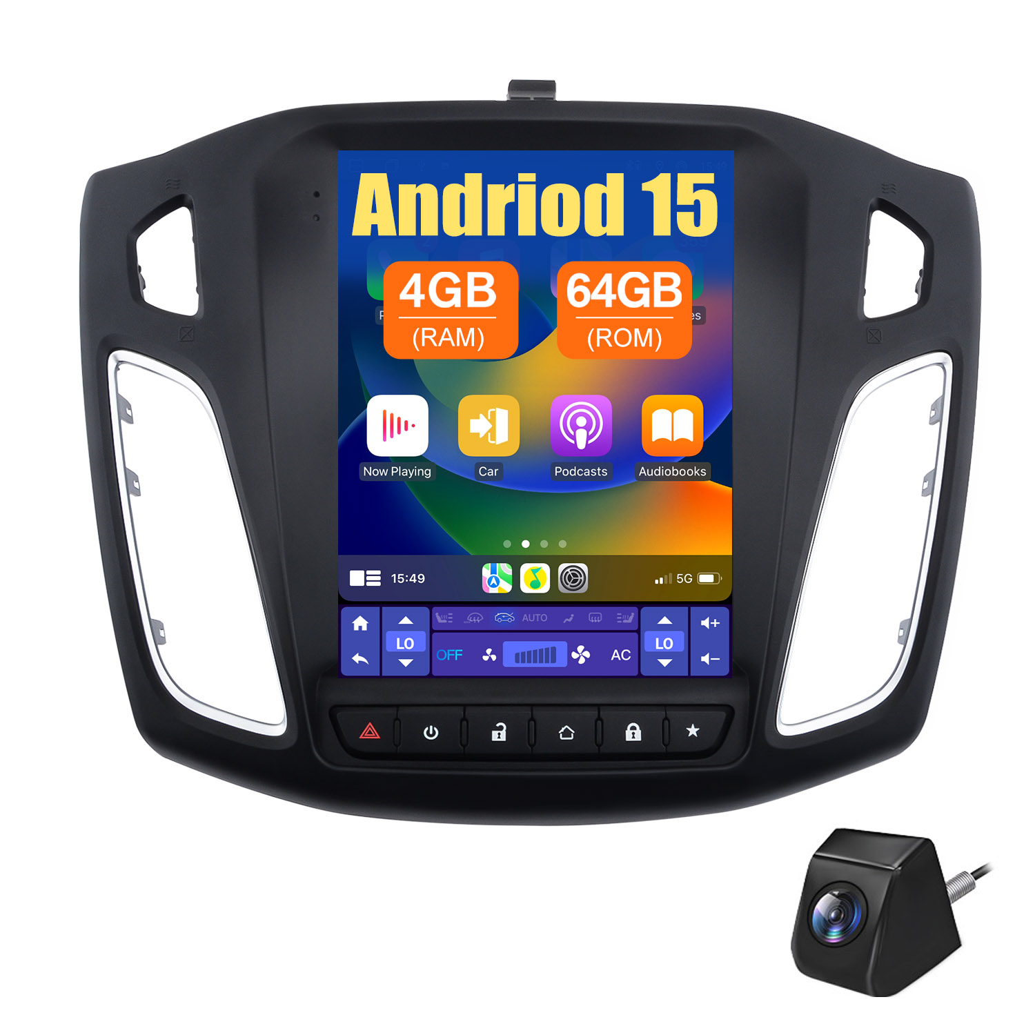 Ein schwarzes Armaturenbrett-Display mit Android 15, 4 GB RAM, 64 GB ROM.
