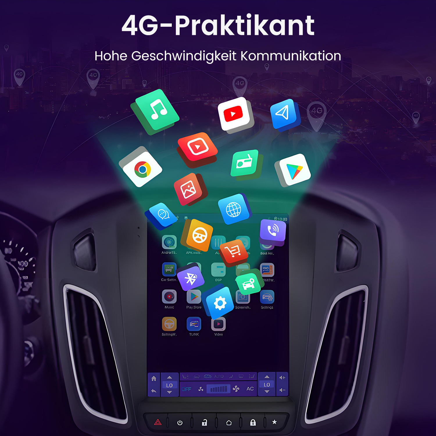 Ein Auto-Infotainmentsystem zeigt App-Symbole und Menüs auf einem dunklen Hintergrund.