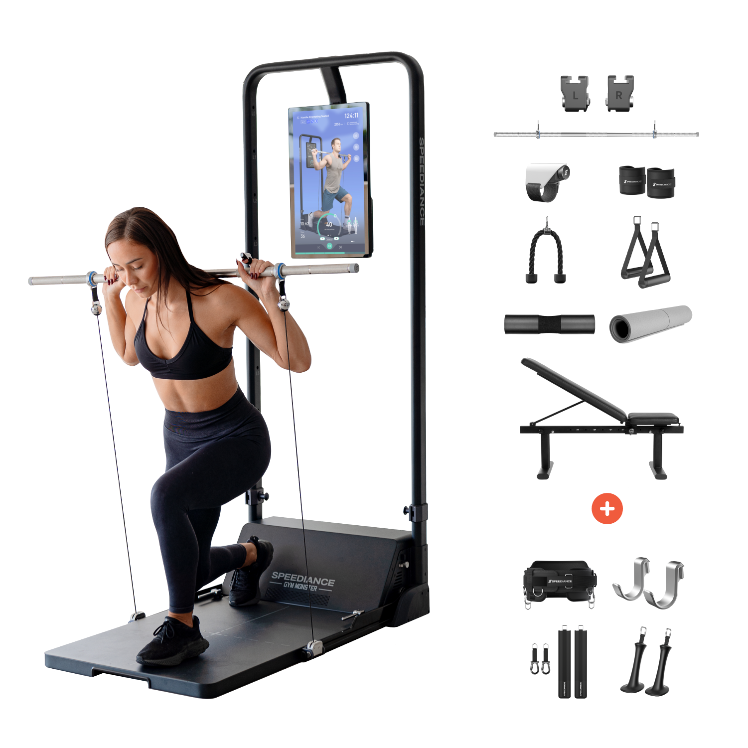 Eine Frau macht Kniebeugen mit Kabelzug an einem Fitnessgerät. Zubehör ist rechts abgebildet.