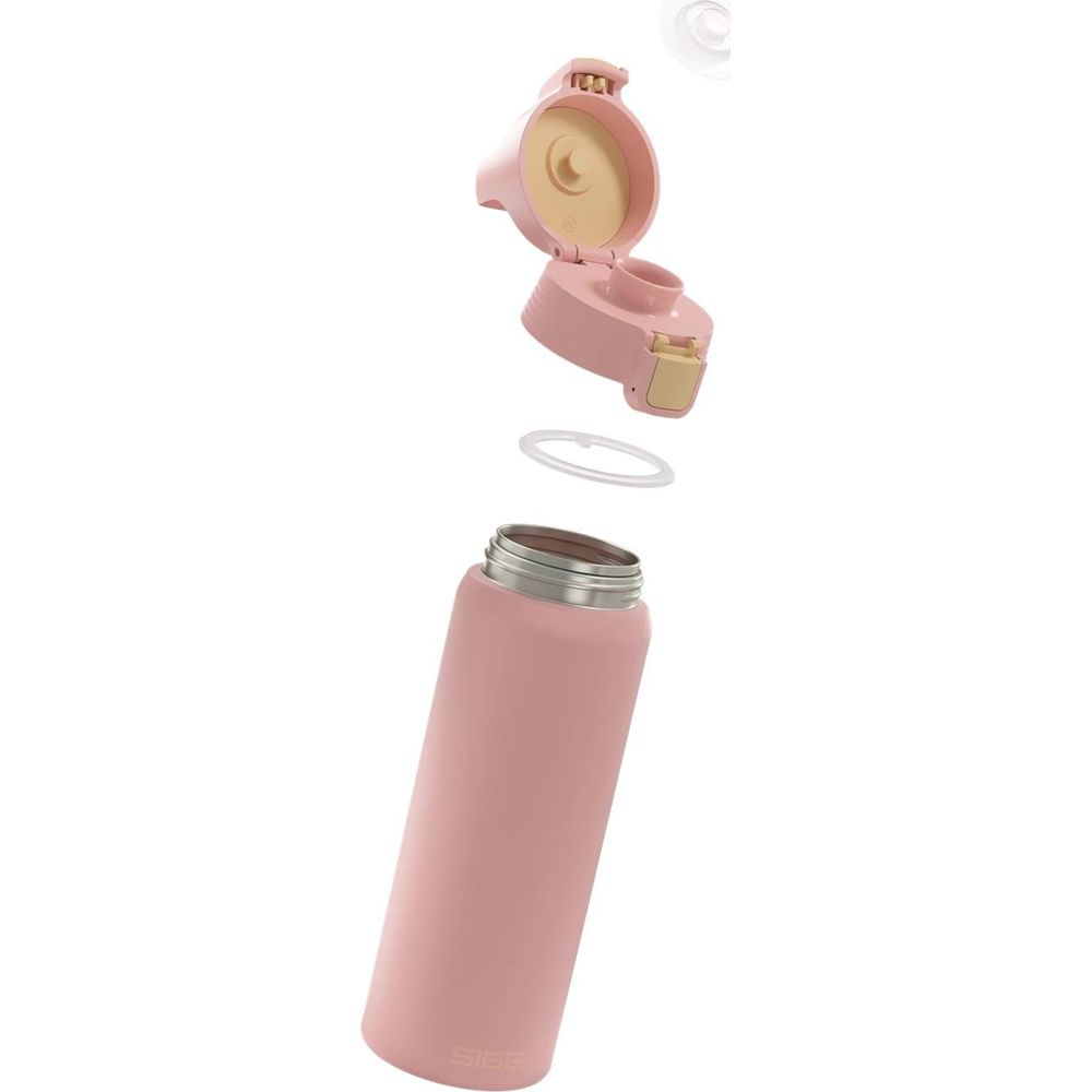 Eine rosafarbene Wasserflasche mit abgenommenem Deckel und Dichtungsring.