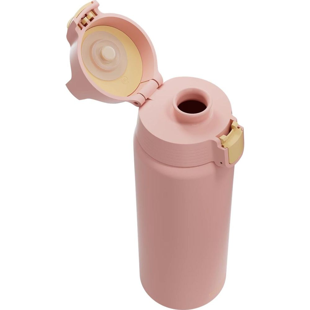 Eine rosa Wasserflasche mit offenem Deckel und einem gelben Verschlussdetail.
