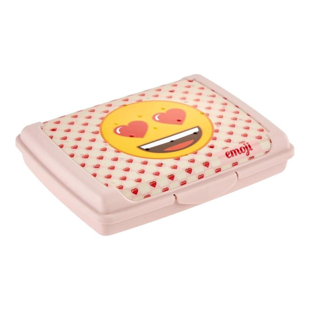 Eine pinke Emoji-Brotbox mit Herzen. Der Deckel zeigt ein gelbes Emoji-Gesicht mit Herzaugen.