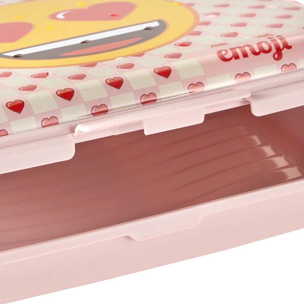 Ein rosa Behälter mit einem lachenden Emoji-Gesicht und Herzen.