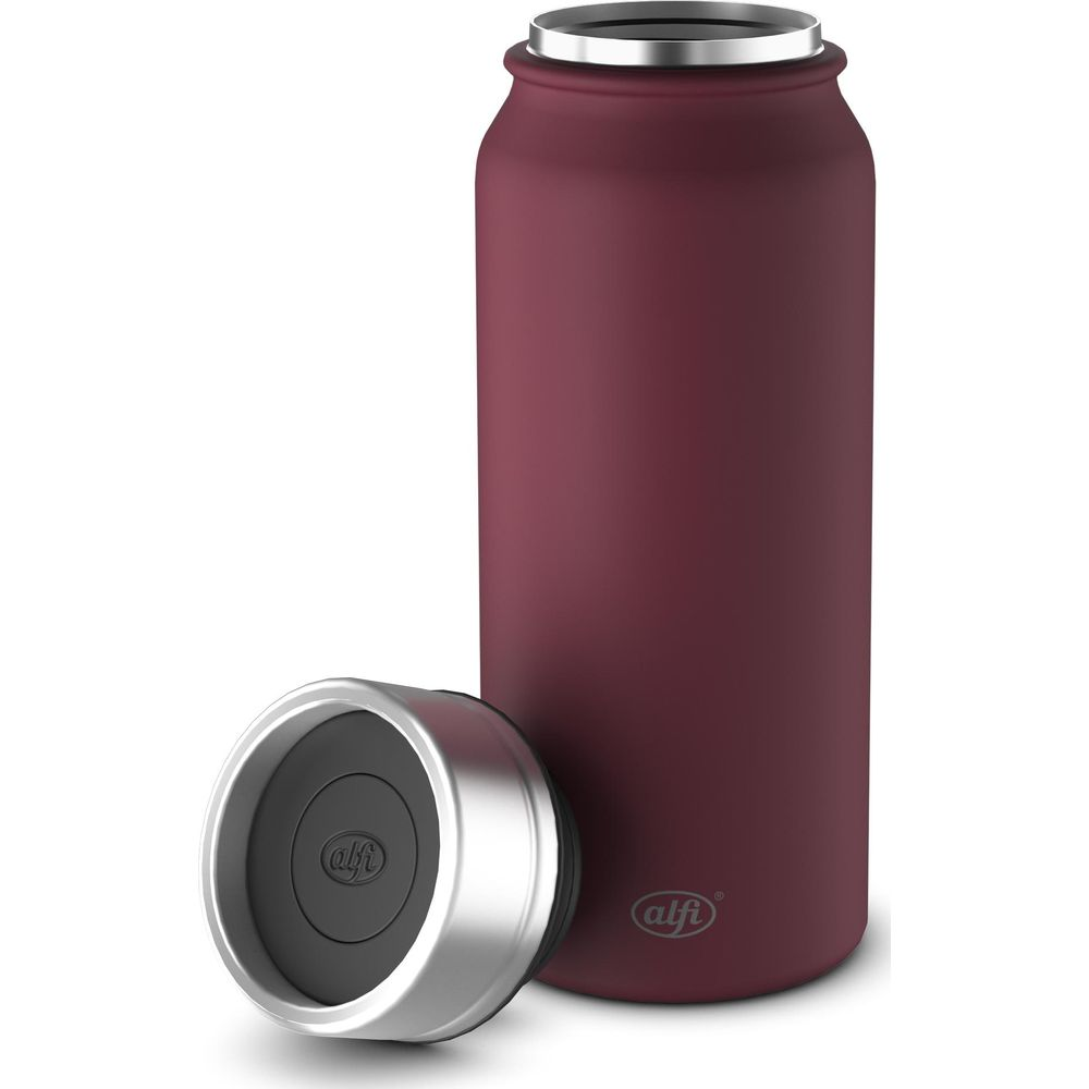 Eine maroonfarbene Alfi-Isolierflasche mit ihrem silbernen und schwarzen Deckel daneben.