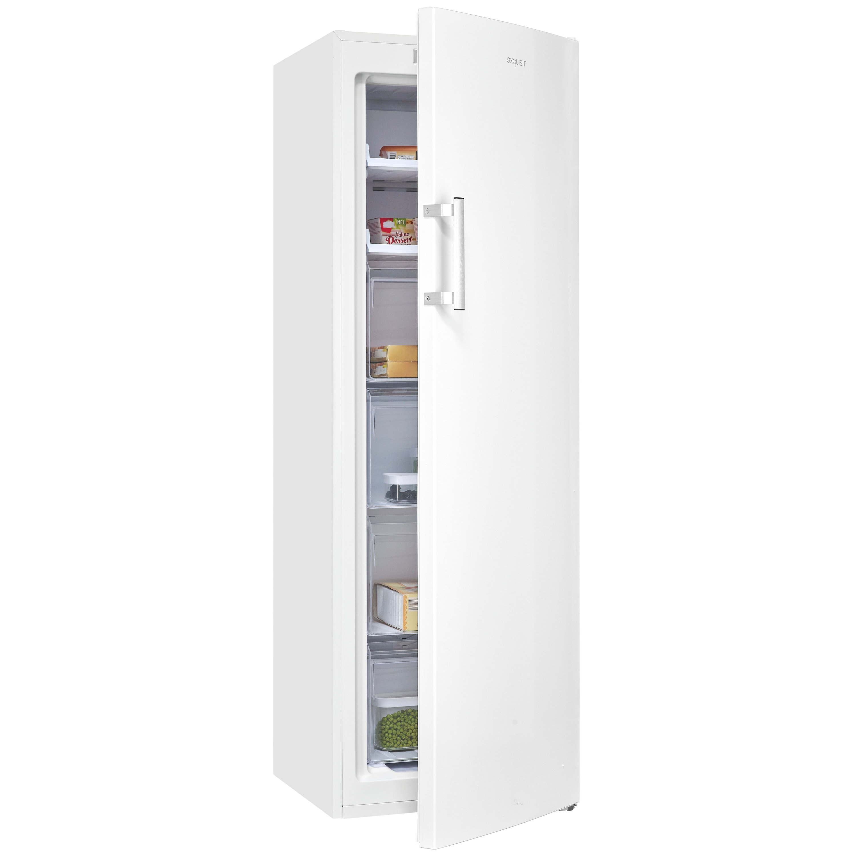 Ein weißer Kühlschrank mit geöffneter Tür, gefüllt mit Lebensmitteln wie Beeren und gefrorenem Gemüse.