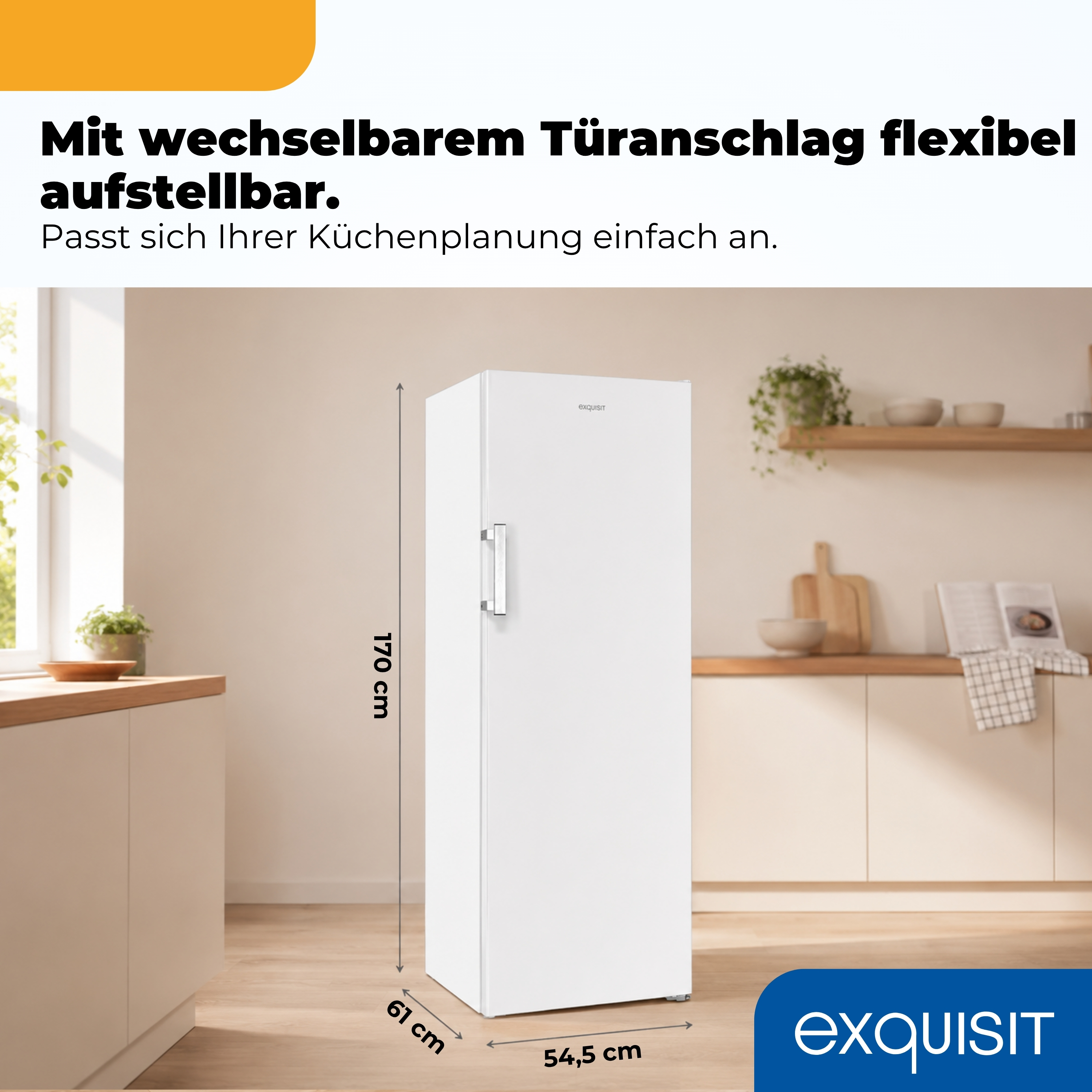 Ein weißer Kühlschrank in einer Küche, 170x61x54,5 cm.