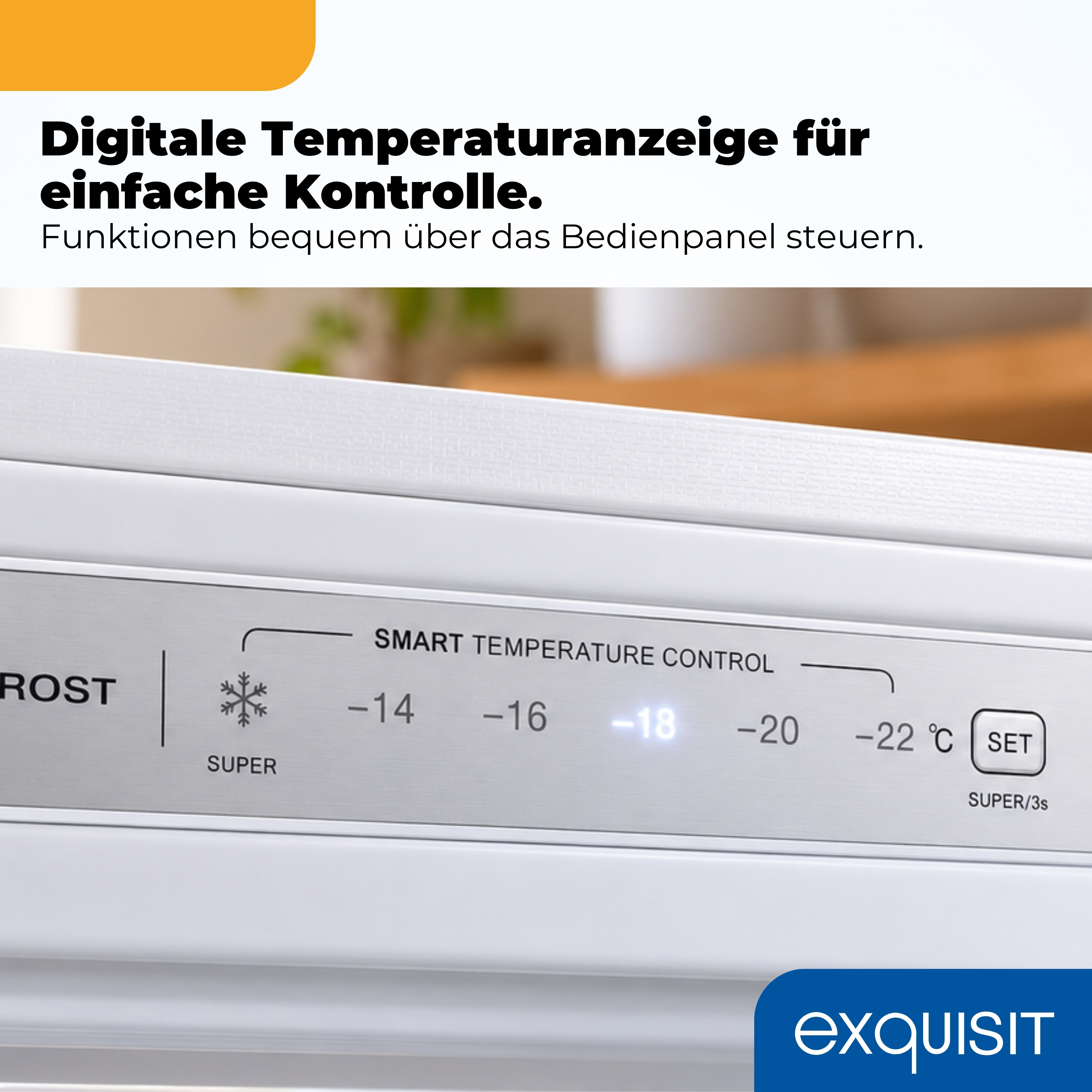 Digitale Temperaturanzeige mit -18°C Einstellung und "SET"-Button.