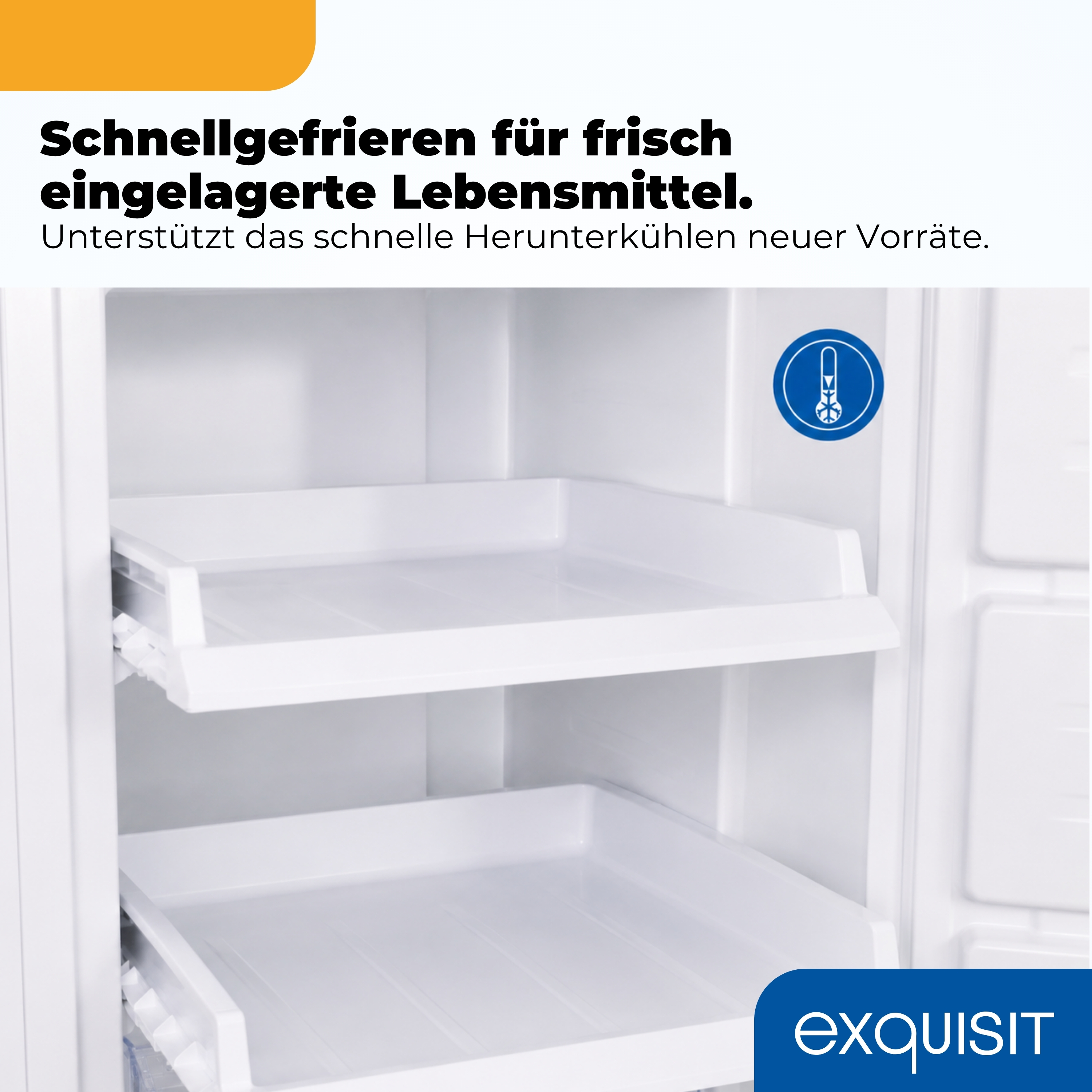 Innenansicht eines leeren Kühlschranks mit zwei weißen Schubladen und einem Thermometersymbol.