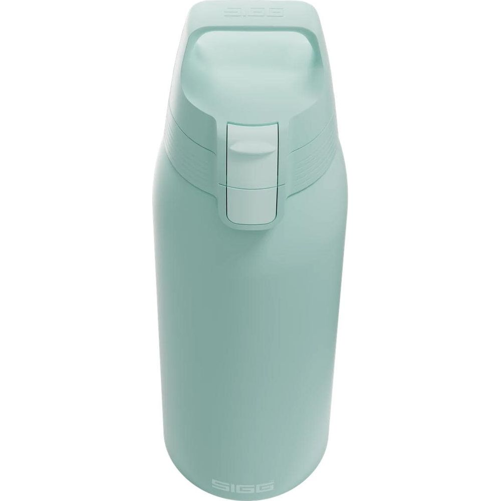 Eine türkise SIGG-Wasserflasche mit Griff und Schnappverschluss.
