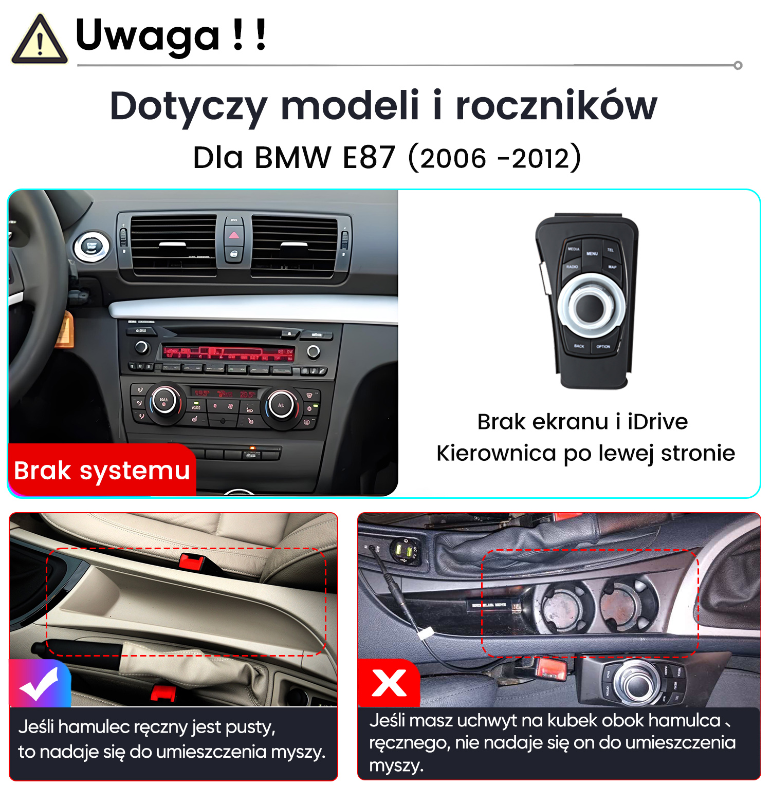 Uwaga! Konsola środkowa BMW E87 (2006-2012), kontroler iDrive, hamulec ręczny, uchwyty.