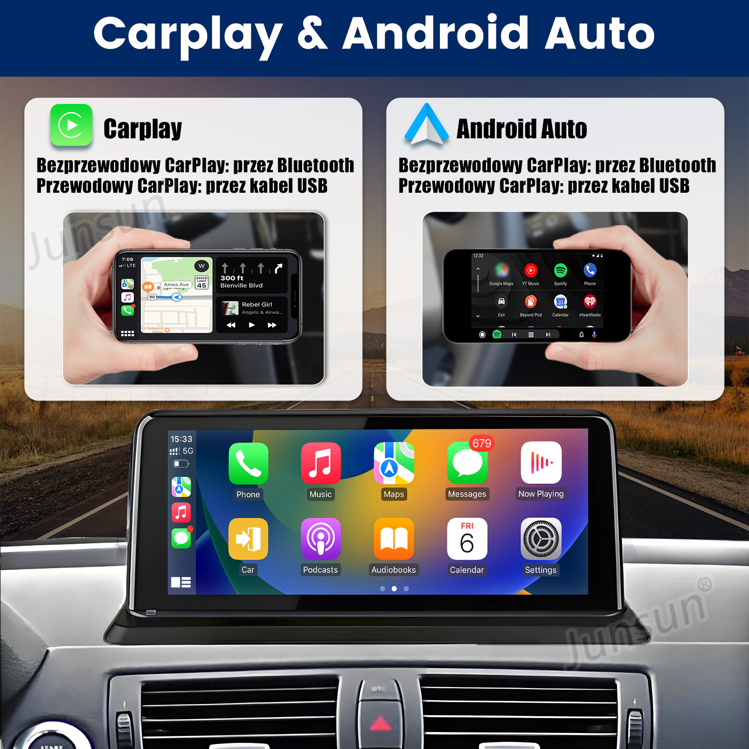 Obraz przedstawia widok wnętrza samochodu z integracją smartfona dla CarPlay i Android Auto.