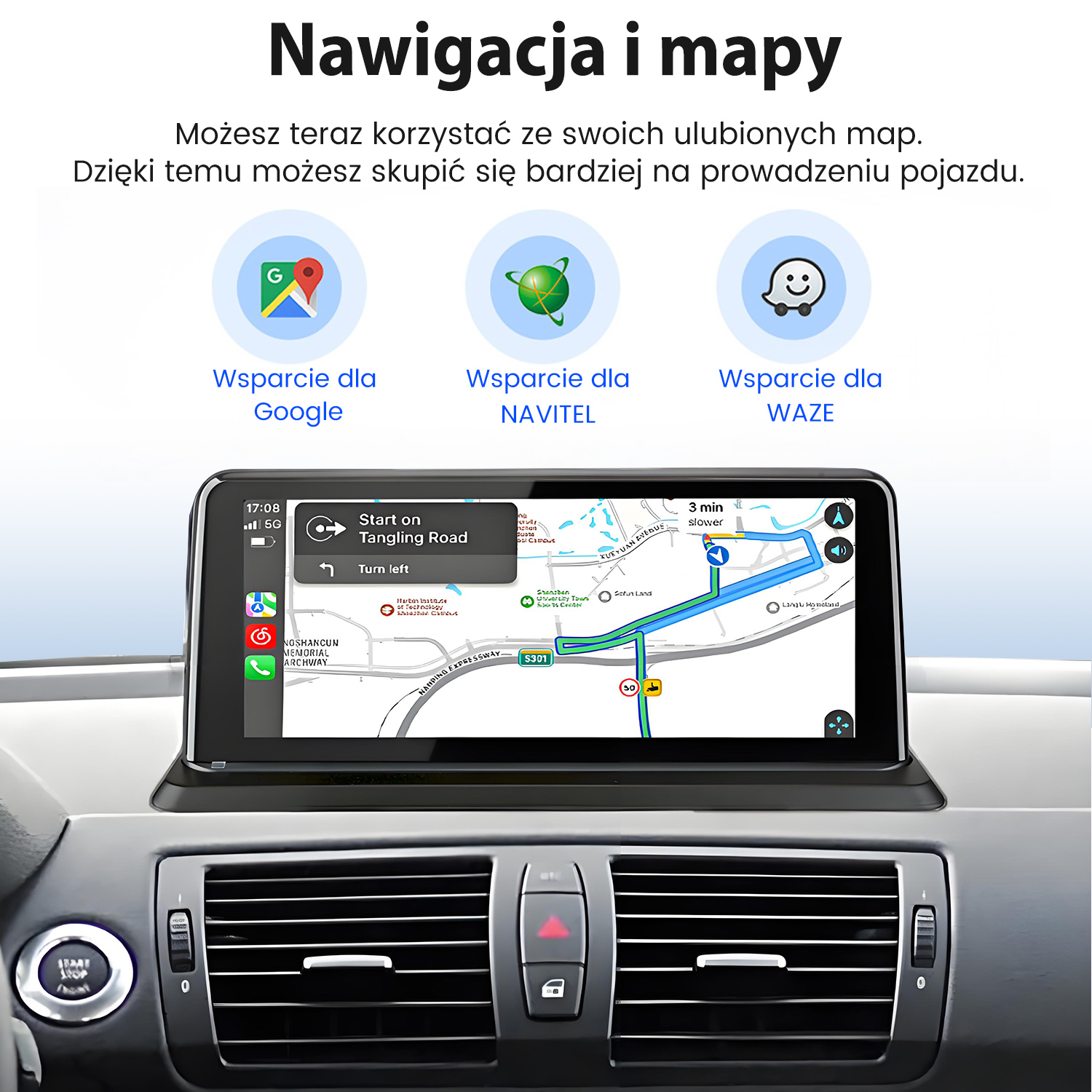 System nawigacji samochodowej wyświetla mapy: Google, Navitel, Waze.