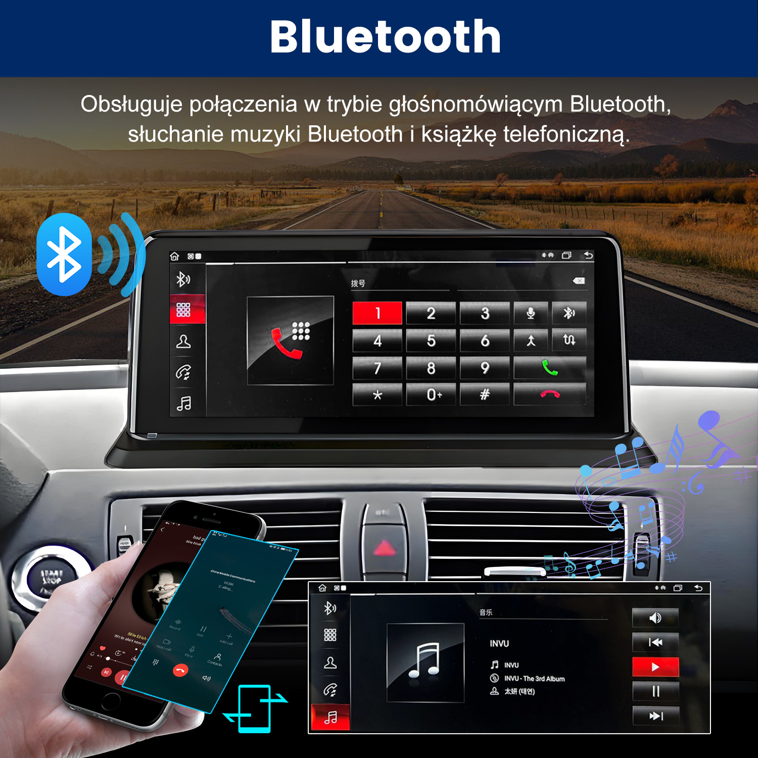 Smartfon łączy się z systemem infotainment samochodu, aby odtwarzać muzykę i dzwonić.