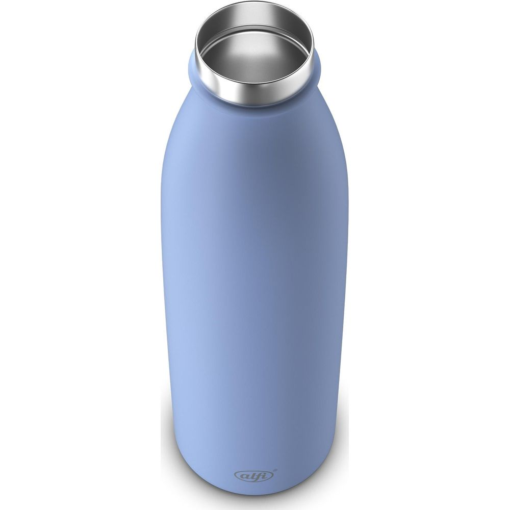 Eine hellblaue Flasche mit silbernem Verschluss, Nahaufnahme.