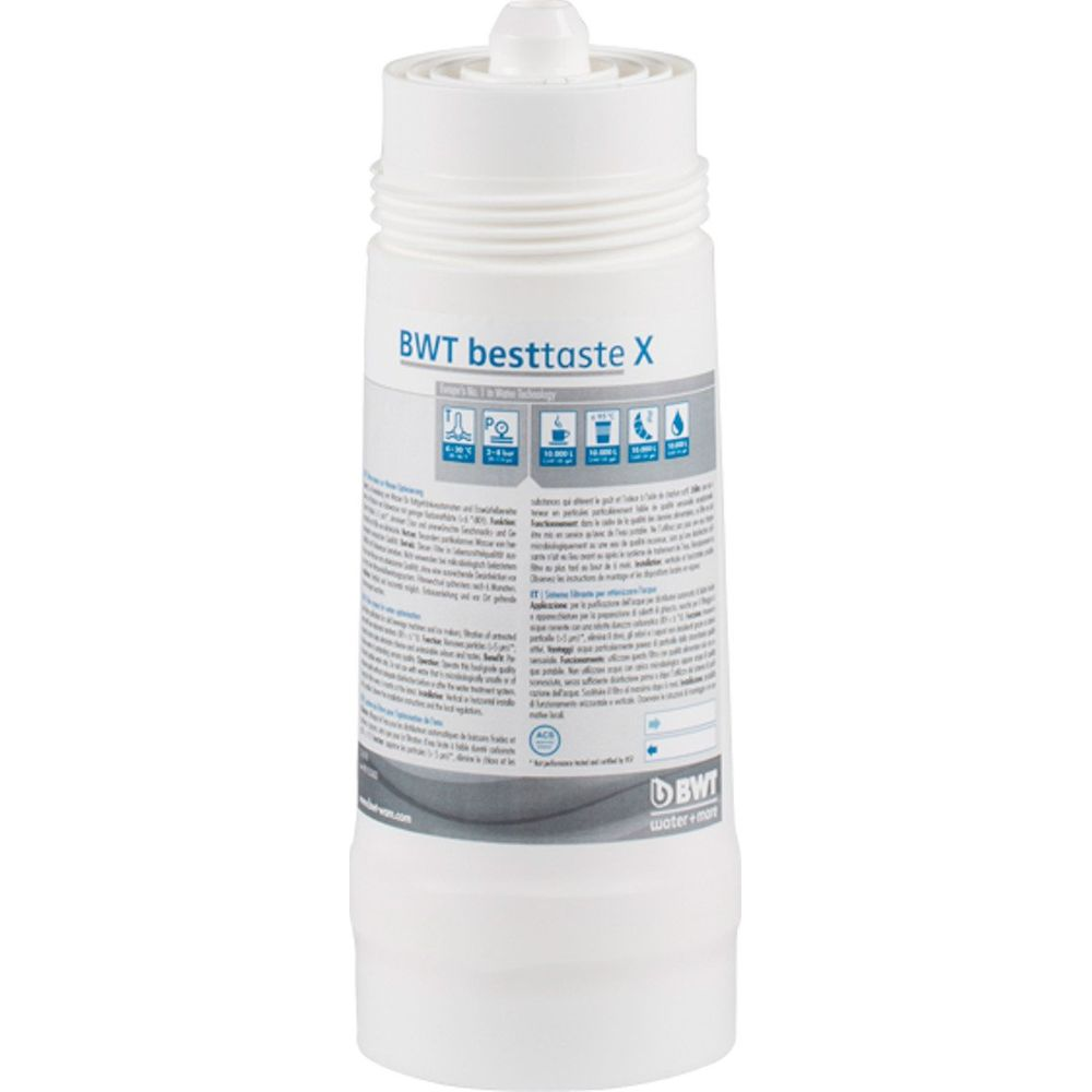 Un filtro acqua bianco BWT besttaste X con informazioni sul prodotto stampate.