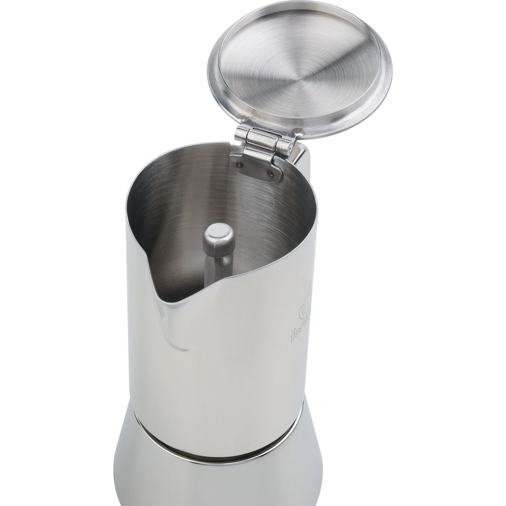 Cafetière argentée avec couvercle ouvert et un tube à l'intérieur.