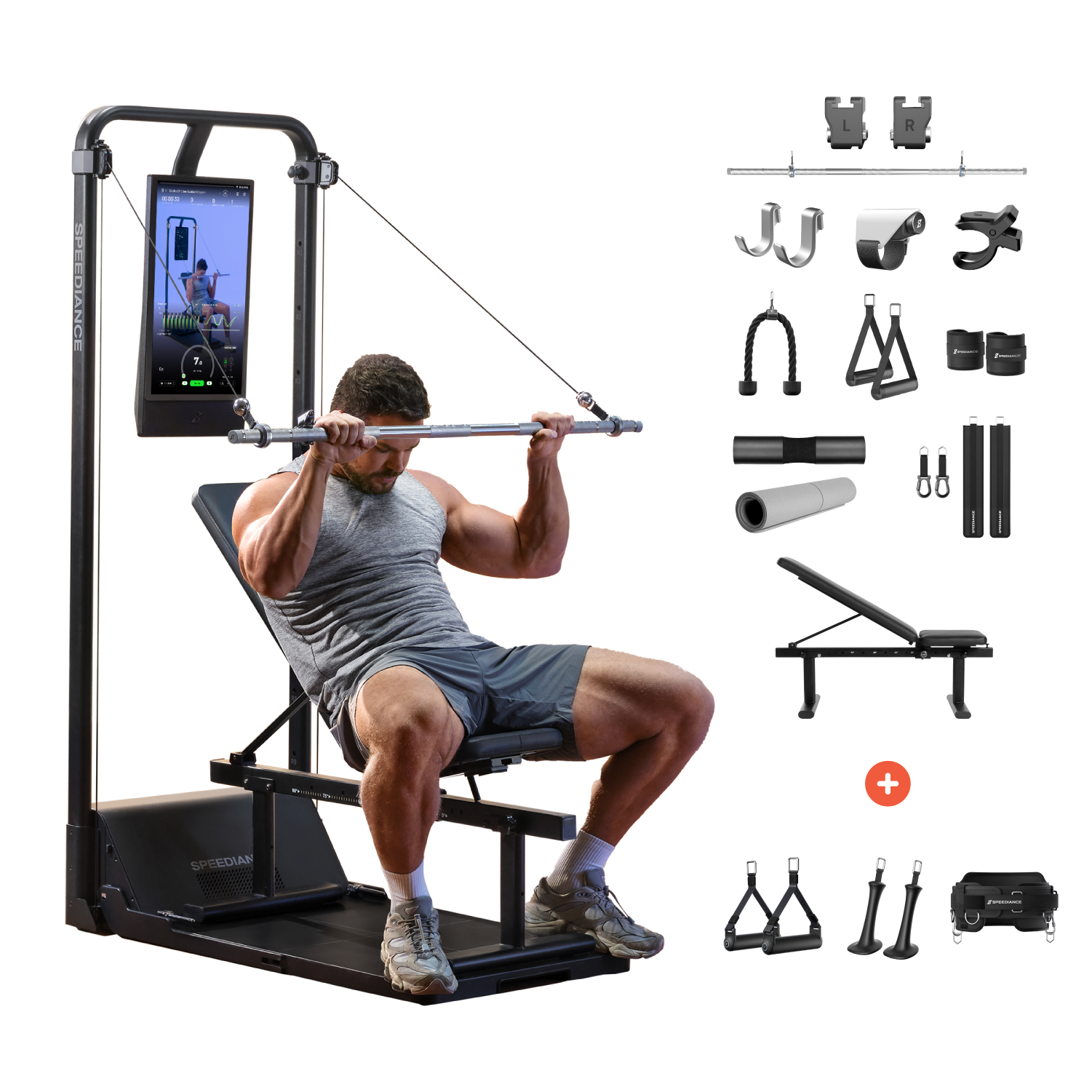 Mann trainiert auf einem Heimtrainer mit Bildschirm. Zubehör liegt daneben.
