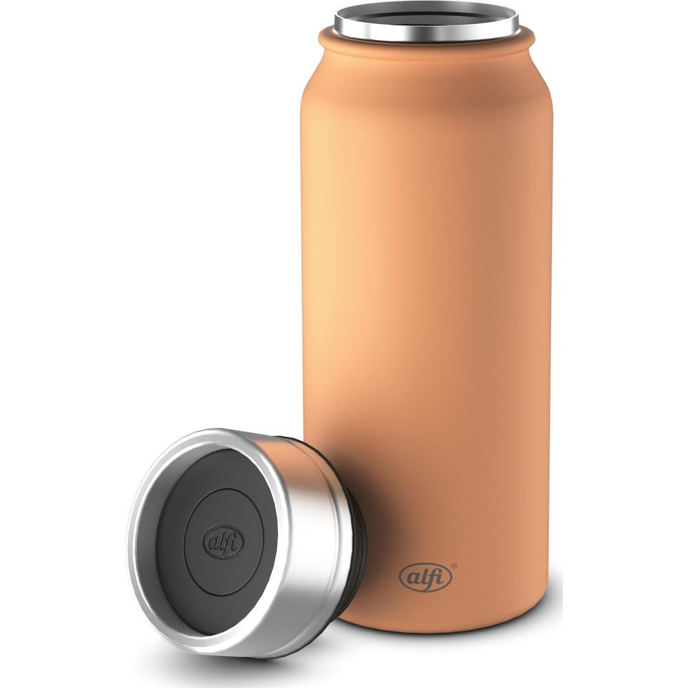 Eine orangefarbene Thermoskanne mit silbernem Deckel, daneben liegend.