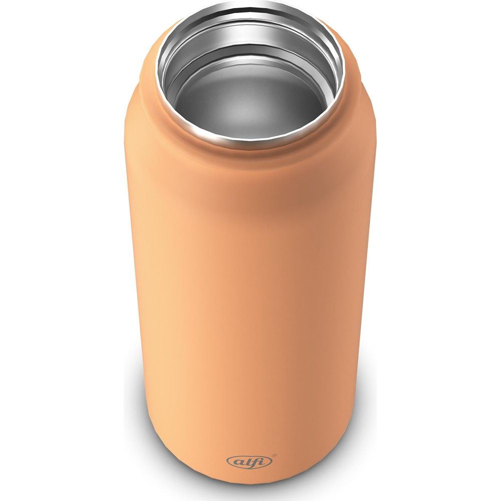 Orangefarbene Thermoskanne mit silbernem Rand oben und Logo unten.