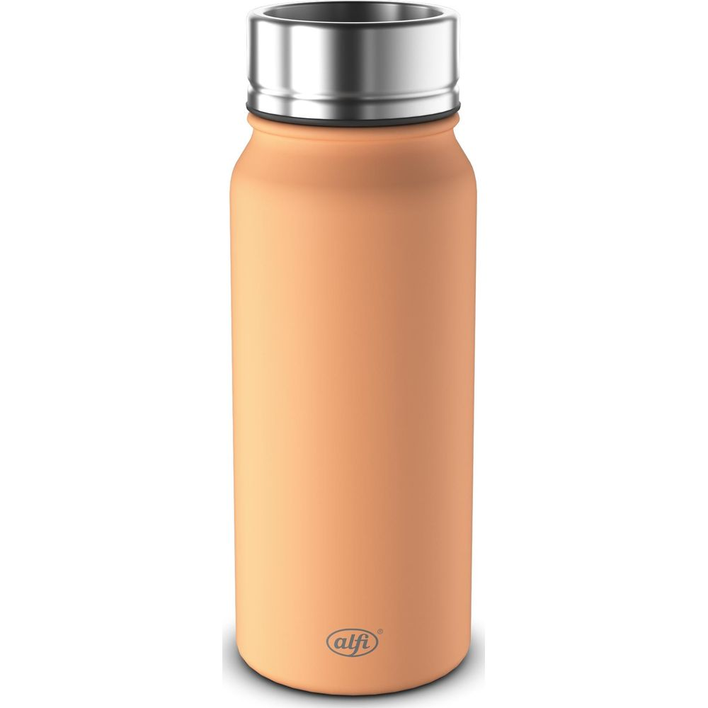 Orangefarbene Isolierflasche mit silbernem Deckel, Alfi-Logo unten.
