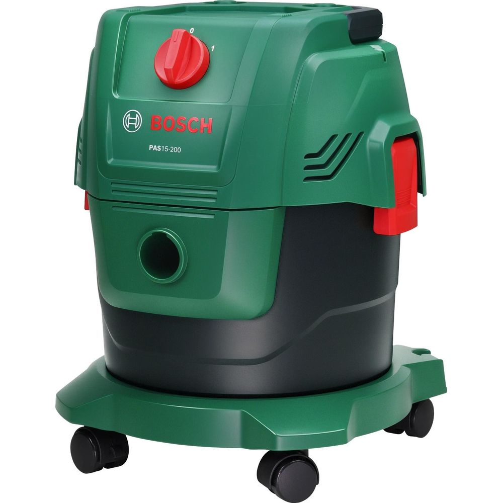 Grüner Bosch Staubsauger mit roten Akzenten und Rädern.