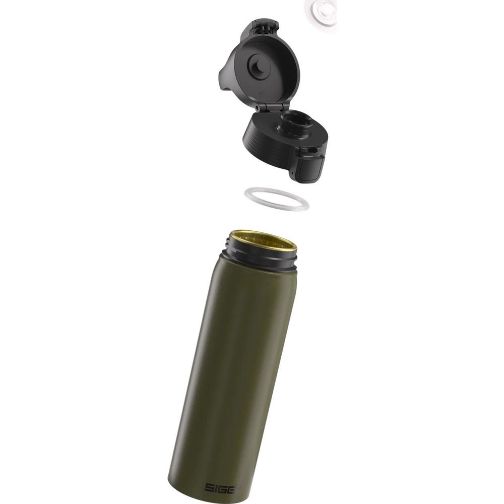 Explosionsansicht einer grünen SIGG-Wasserflasche mit abgenommenem schwarzem Deckel und Dichtung.