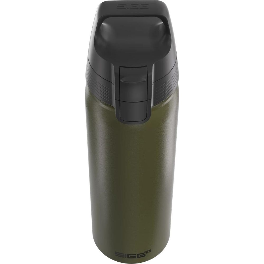 Eine grüne SIGG-Flasche mit schwarzem Deckel und Griff.