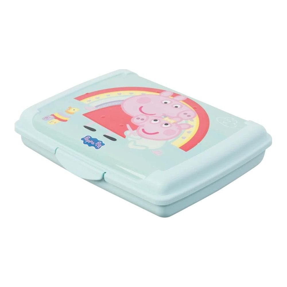 Hellblauer Brotdosen mit Peppa Wutz und Regenbogen-Design.