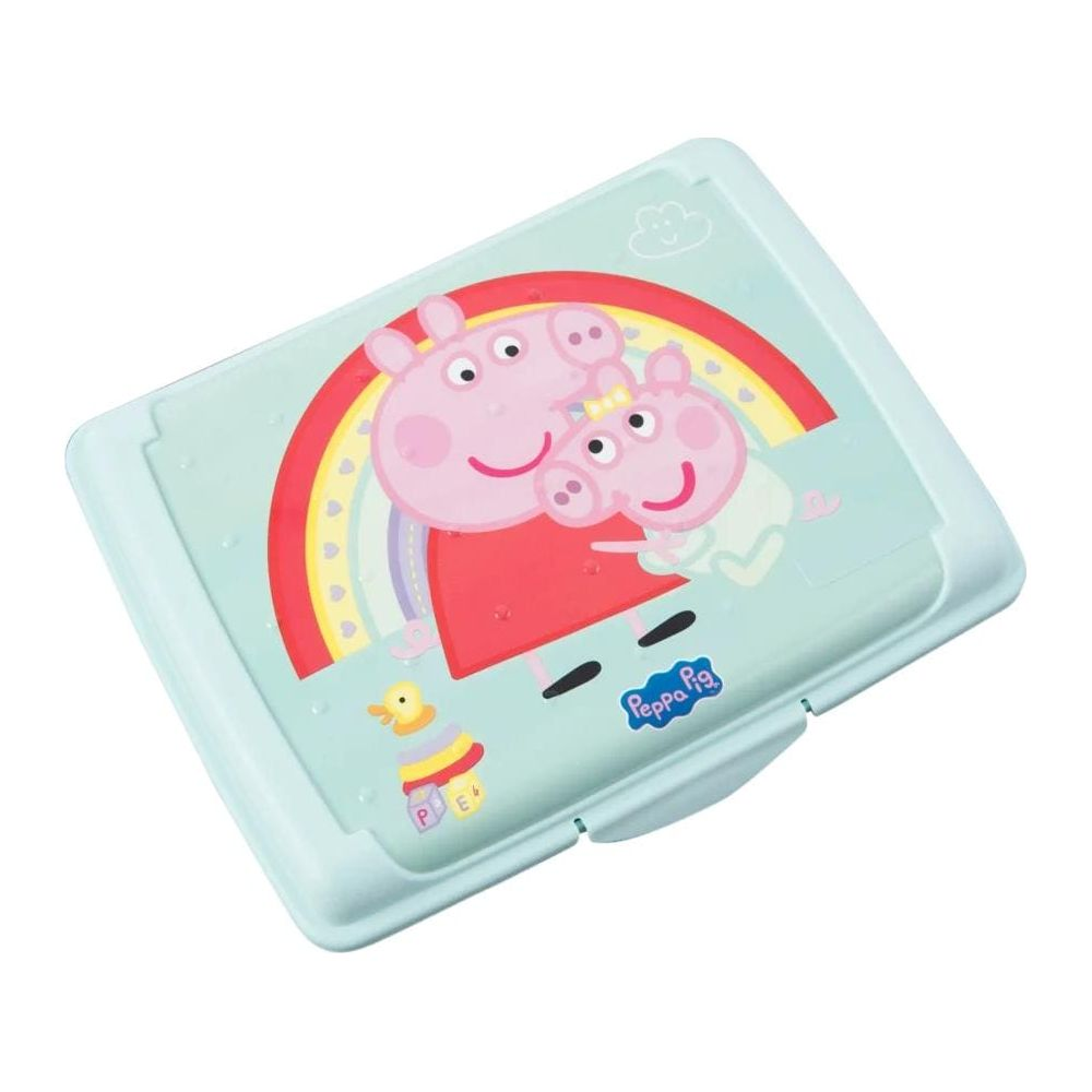 Hellblaue Peppa Wutz Kiste mit Peppa, George und Regenbogen.