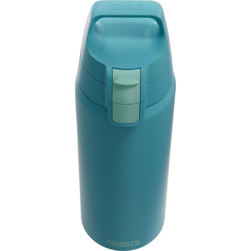 Eine türkise SIGG-Wasserflasche mit grünem Verschluss und Henkel, auf weißem Hintergrund.