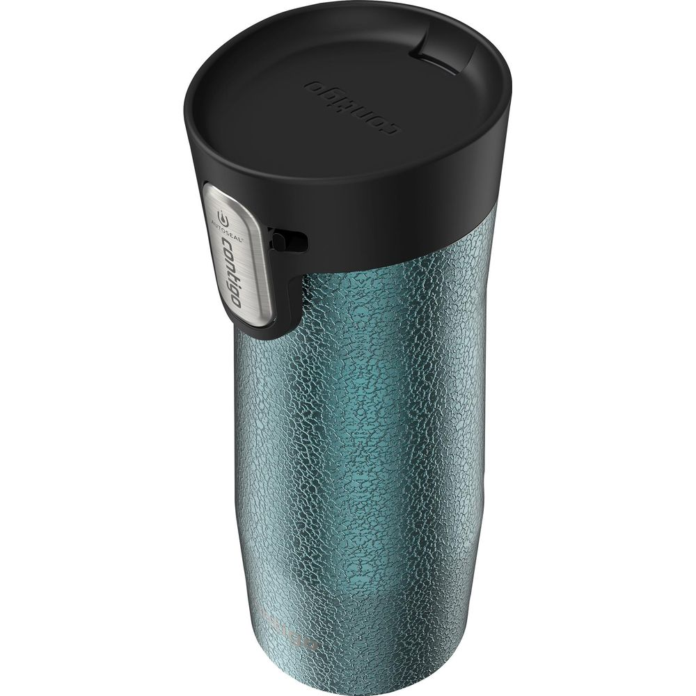 Türkiser Becher mit schwarzem Deckel, Textur-Finish und silbernem Griff.