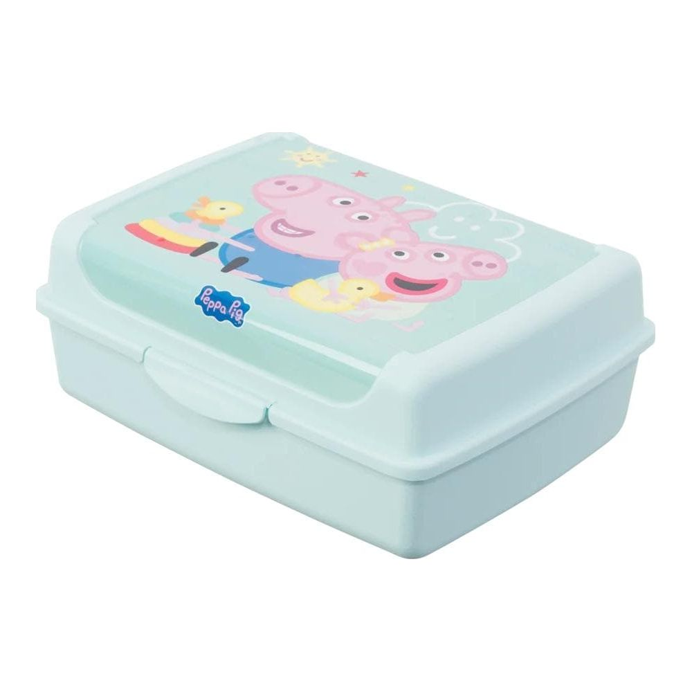 Hellblaue Peppa Wutz Brotdose mit Peppa und George oben.