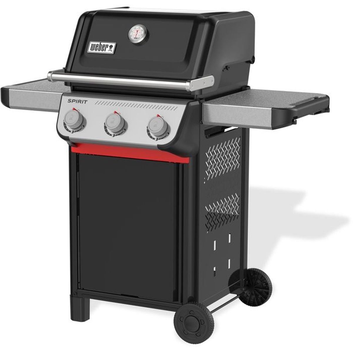 Ein schwarzer Weber Gasgrill mit drei Reglern, einem Thermometer und Rädern.