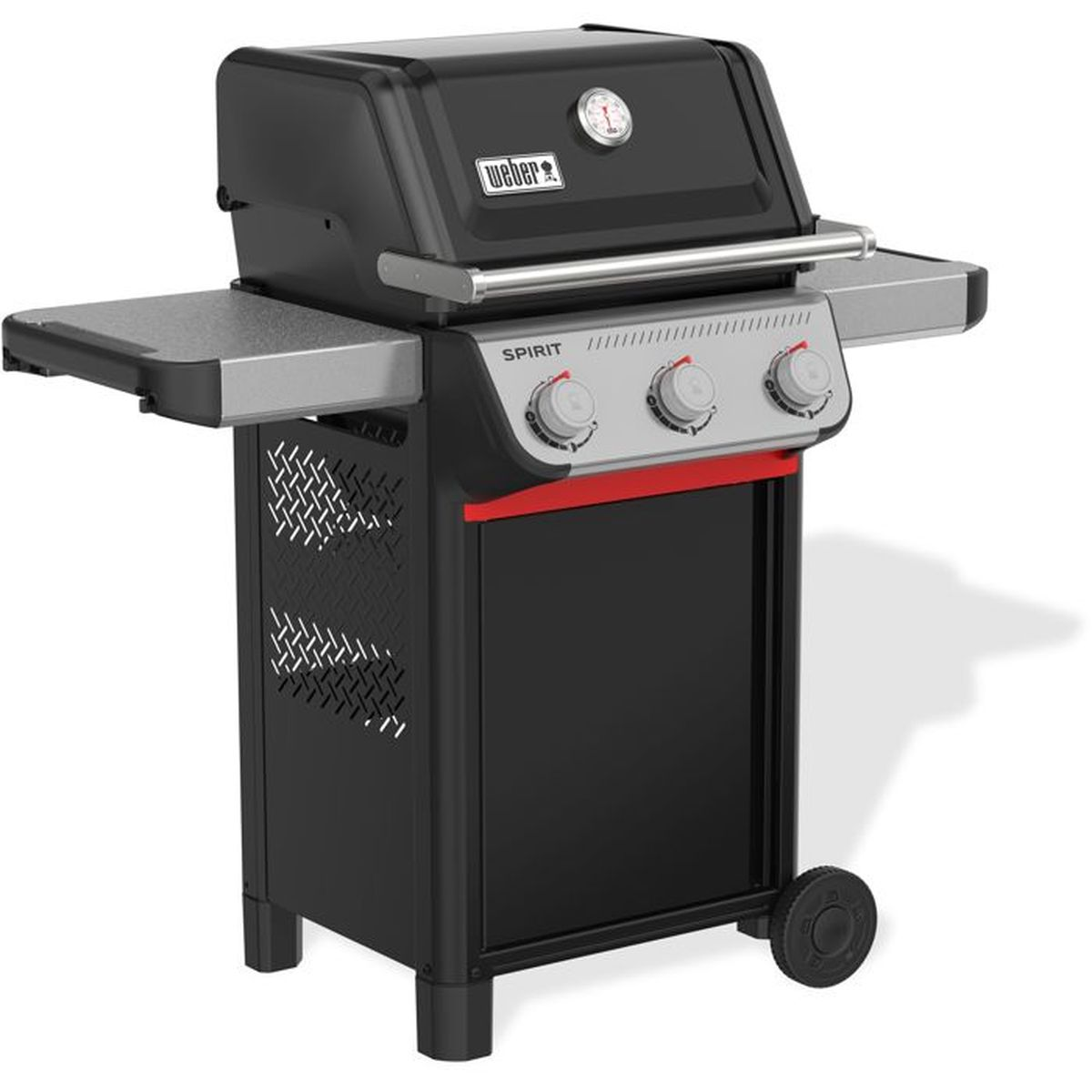 Ein schwarzer Weber Gasgrill mit drei Drehreglern, einem Thermometer und zwei Seitenablagen.