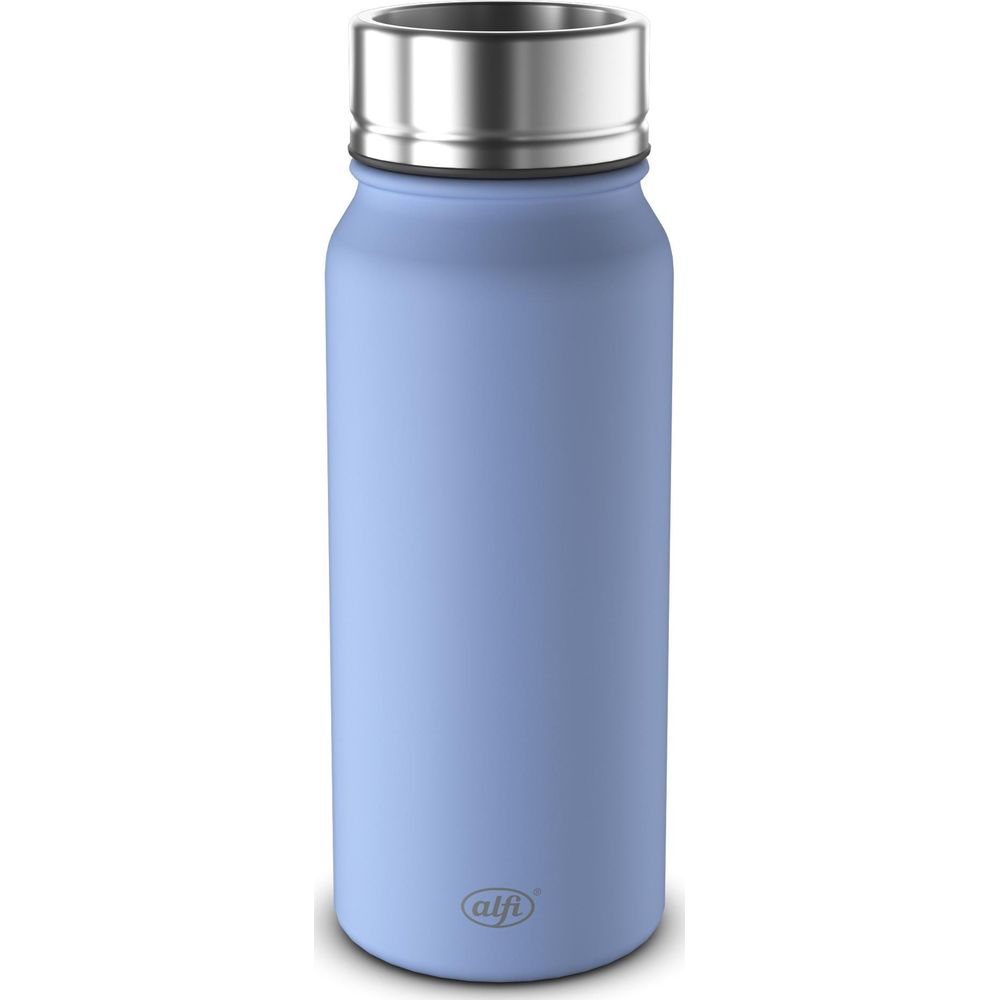 Eine blaue Alfi-Flasche mit silbernem Deckel steht auf weißem Hintergrund.