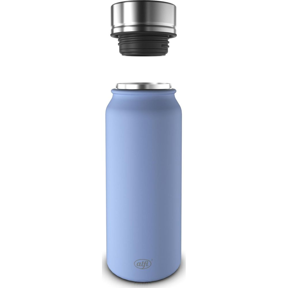 Eine blaue Flasche mit silbernem Deckel, der darüber schwebt.